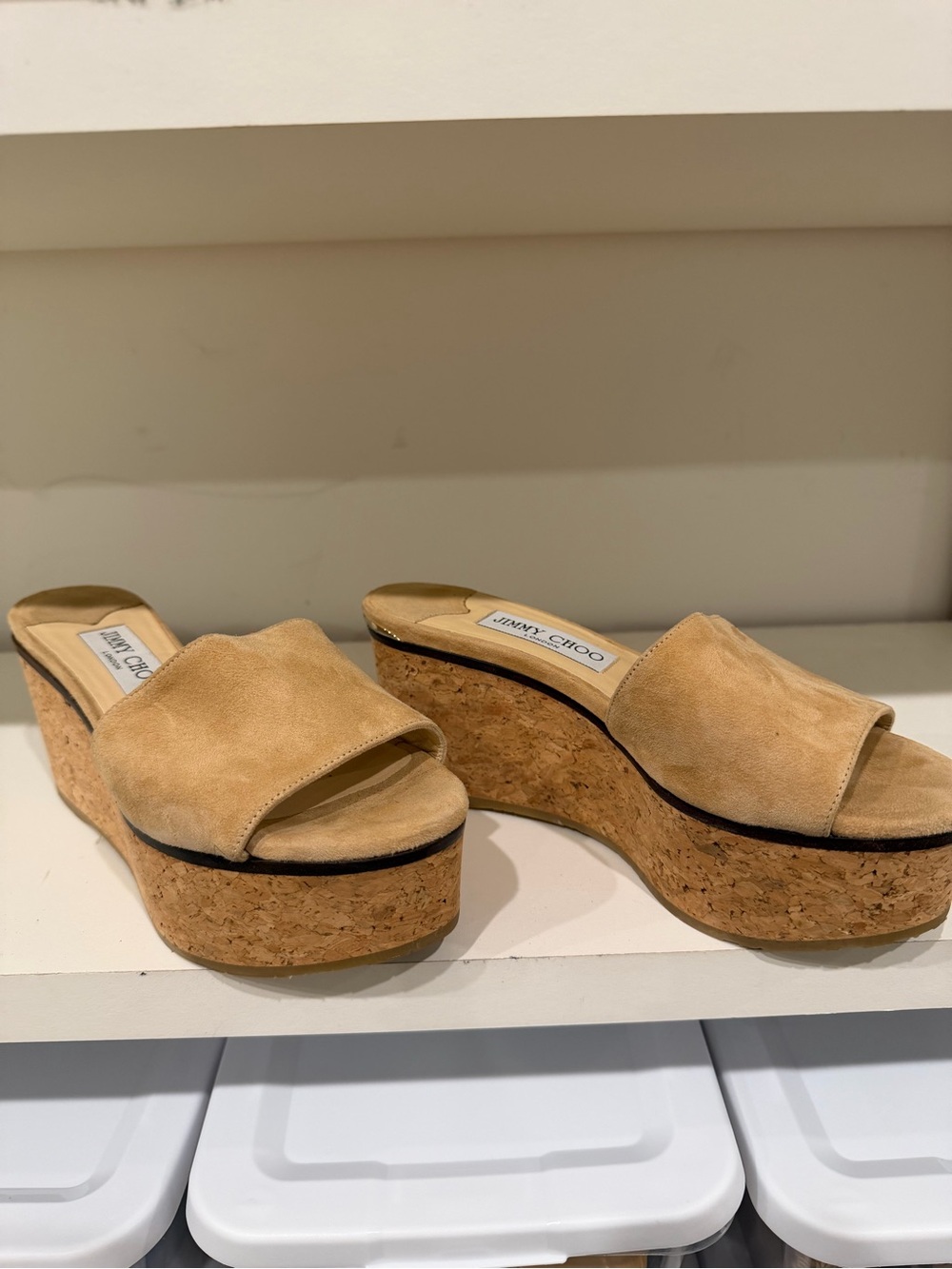 Jimmy Choo Beige Suede Cork Platform Slide Sandals